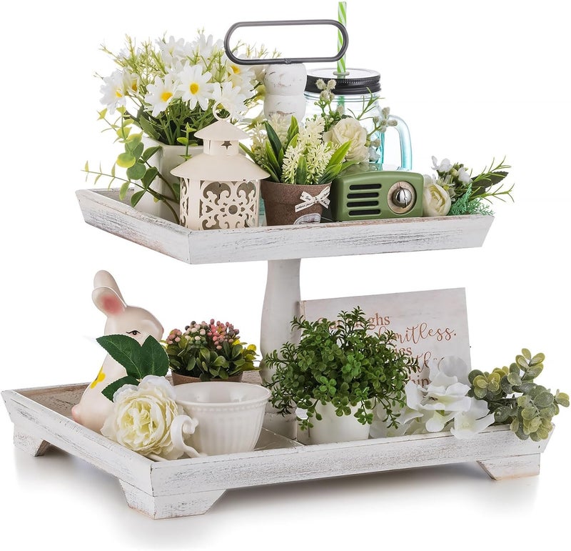 Hanobe Tiered Tray for Table Decor: Mid-Century 2 Tier Decorative Tray Stand for Coffee Bar - Large Farmhouse White Centerpiece Display Stands for Holiday - Wood for Kitchen Counter Decorations - Image 1